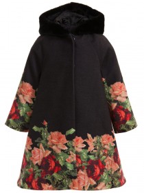 Пальто с капюшоном чёрное с розовыми и алыми розами