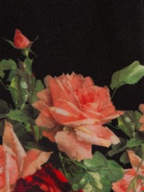 Пальто с капюшоном чёрное с розовыми и алыми розами фото