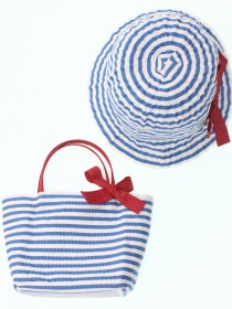 Шляпа белая в голубую полоску с красным бантиком фото