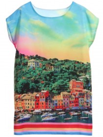 Платье-туника разноцветная с видами курорта Портофино