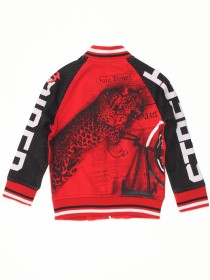 Куртка красная трикотажная с чёрно-белой отделкой и леопардом на спине  фото