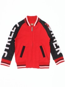 Куртка красная трикотажная с чёрно-белой отделкой и леопардом на спине 
