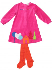 Комплект: платье розовое с принтом и оранжевые колготки фото
