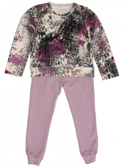 Комплект: свитшот с леопардовым принтом и чёрными стразами и розовые штаны