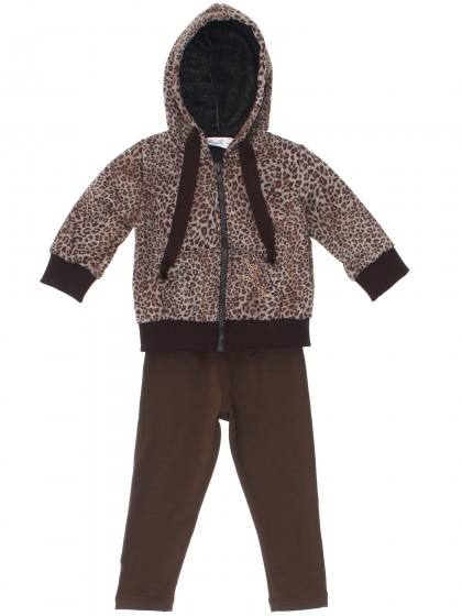 Костюм спортивный утеплённый: леопардовая толстовка с капюшоном и коричневые штаны