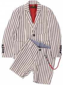 Костюм бежевый в чёрную полоску с красной отделкой: пиджак и шорты цена