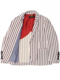 Костюм бежевый в чёрную полоску с красной отделкой: пиджак и шорты фото