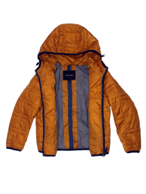 Куртка стёганая с капюшоном золотистого цвета на тонком утеплителе фото