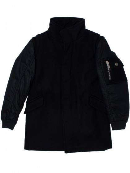 Пальто чёрное шерстяное с воротником стойка и рукавами из плащевой ткани
