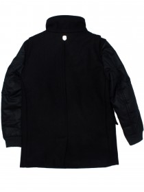 Пальто чёрное шерстяное с воротником стойка и рукавами из плащевой ткани цена