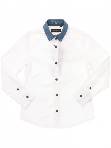 Рубашка белая с джинсовым воротничком и синими пуговицами