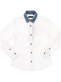 Рубашка белая с джинсовым воротничком и синими пуговицами фото