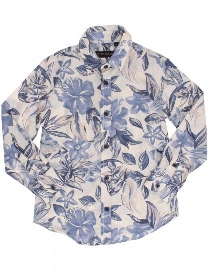 Рубашка бежевая с голубым цветочным принтом