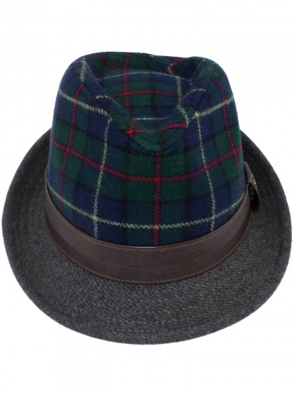 Шляпа зелёная в синюю клетку шерстяная с серыми полями и коричневым кожаным ремешком