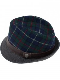 Шляпа зелёная в синюю клетку шерстяная с серыми полями и коричневым кожаным ремешком цена