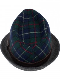 Шляпа зелёная в синюю клетку шерстяная с серыми полями и коричневым кожаным ремешком фото