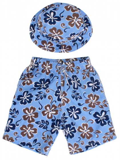 Комплект пляжный голубой с цветочным рисунком: шорты и панама 
