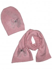 Комплект нежно-розовый: шапка и шарф с бантиком из страз фото