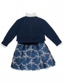 Комплект: болеро синее шерстяное со стразами, белая блузка с рюшами и юбка пышная с синими розами фото