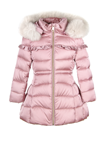 Комплект пуховой: куртка нежно-розовая с рюшами и натуральным мехом на капюшоне и синий полукомбинезон цена