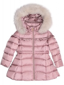 купить Комплект пуховой: куртка нежно-розовая с рюшами и натуральным мехом на капюшоне и синий полукомбинезон
