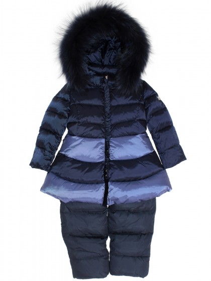 Комплект пуховой: синее с голубым пальто с натуральным мехом на капюшоне и синий полукомбинезон