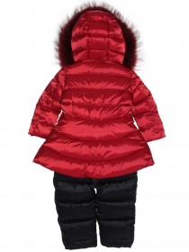 Комплект пуховой: красное приталенное пальто с натуральным мехом на капюшоне и чёрный полукомбинезон  цена