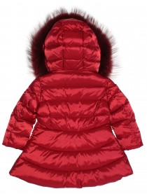 Комплект пуховой: красное приталенное пальто с натуральным мехом на капюшоне и чёрный полукомбинезон  фото