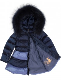 Комплект пуховой: синее с голубым пальто с натуральным мехом на капюшоне и синий полукомбинезон фото