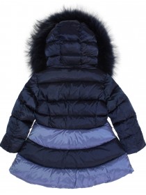 купить Комплект пуховой: синее с голубым пальто с натуральным мехом на капюшоне и синий полукомбинезон
