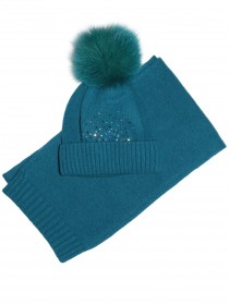Комплект теплый цвета морской волны шапка со стразами и шарф  фото