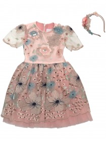 Платье пудровое с разноцветной вышивкой, пышной юбкой и ободком с цветами и стразами "Сваровски"
