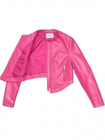 Куртка ярко-розовая кожаная с трикотажными вставками на рукавах фото