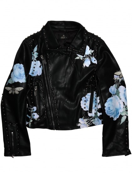 Куртка черная кожаная косуха со стразами, голубыми цветами и бабочками
