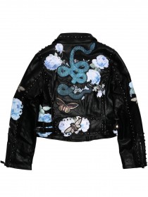 купить Куртка черная кожаная косуха со стразами, голубыми цветами и бабочками