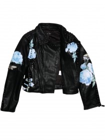 Куртка черная кожаная косуха со стразами, голубыми цветами и бабочками фото