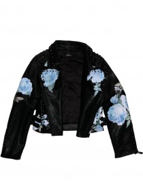 купить Куртка черная кожаная косуха со стразами, голубыми цветами и бабочками