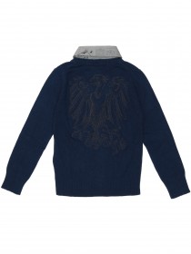 Джемпер синий с вшитым воротничком рубашки с брендингом и рисунком сзади цена
