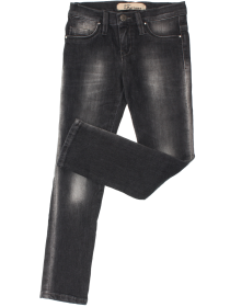 Джинсы темно-серые с потертостями и брендингом на карманах фото