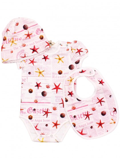 Комплект розовый: боди, шапочка и слюнявчик "Морская Звезда"