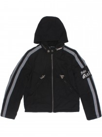 Куртка чёрная с серыми полосками на рукавах с капюшоном и брендингом цена