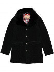 Пальто черное шерстяное с натуральным мехом на воротнике  фото