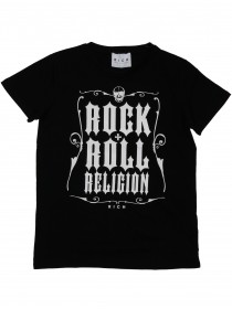 Футболка черная с белой надписью "Rock&Roll Religion" фото