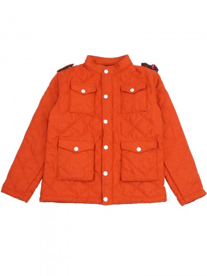 Куртка оранжевая стеганая с белыми кнопками и принтом на спине