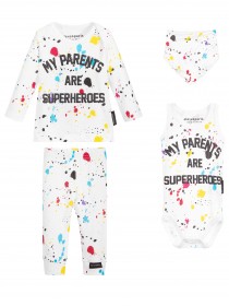 Комплект для малыша белый с каплями краски и надписью " MY PARENTS ARE SUPERHEROES" фото