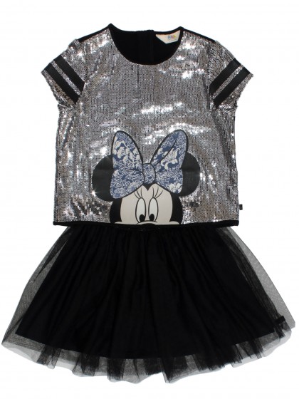 Комплект черный: топ в серебряных пайетках с Минни Маус и пышная юбка