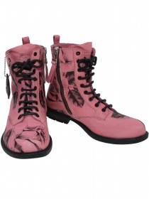 Ботинки розовые высокие с чёрным принтом "Розы" на шнурках и молнии фото
