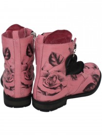 Ботинки розовые высокие с чёрным принтом "Розы" на шнурках и молнии фото