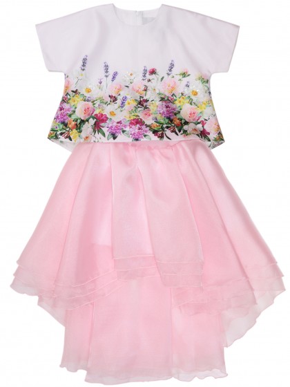 Комплект юбка розовая ассиметричная из органзы и блузка белая с цветочным принтом