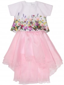 Комплект юбка розовая ассиметричная из органзы и блузка белая с цветочным принтом фото
